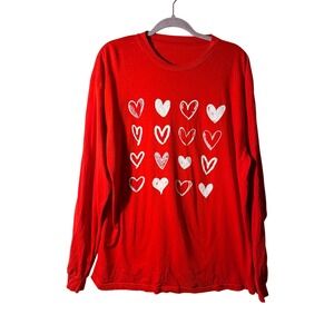 Red Long Sleeve Shirt White Hearts Graphic Print Casual Top Women's